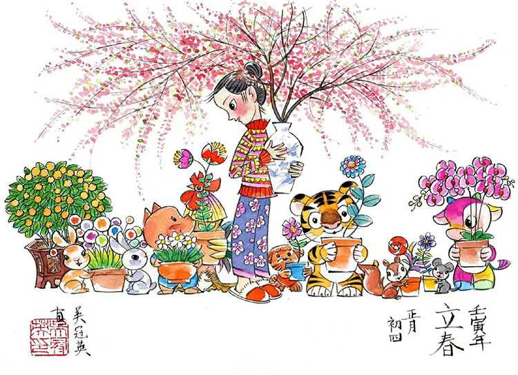 吴冠英中国风人物插画作品 春日花卉