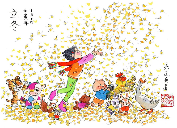 吴冠英中国风插画作品 秋分落叶