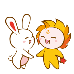 白色小兔与金色鬃毛吉祥物相伴欢笑的卡通画面，校园吉祥物表情包设计