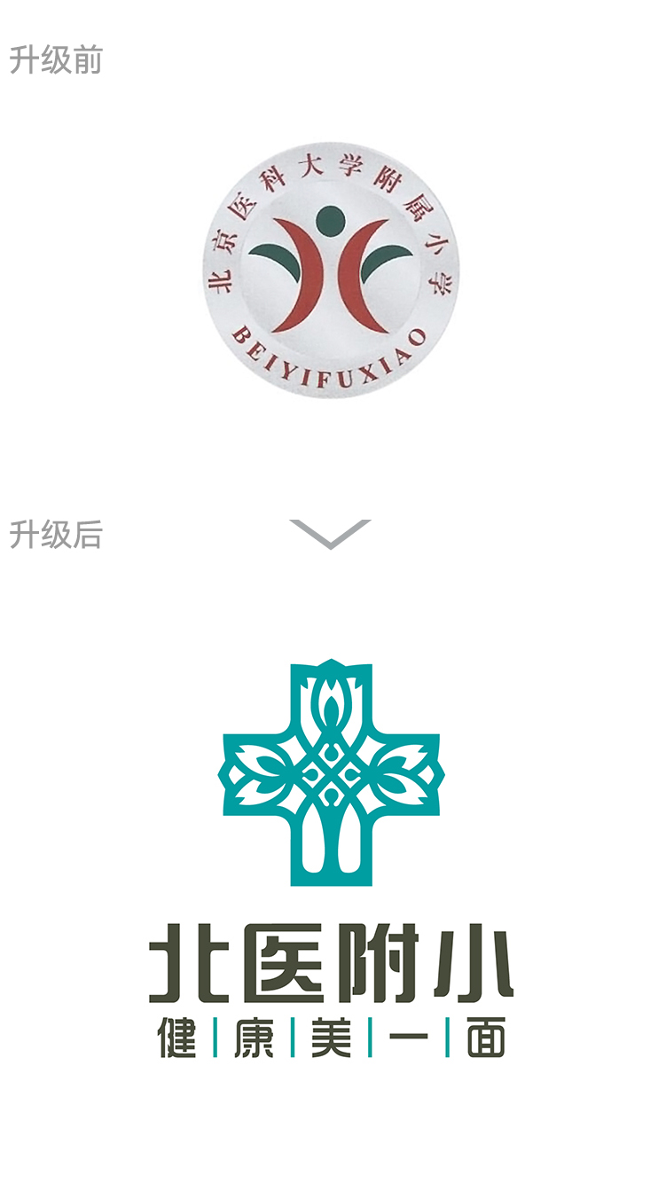 北医附小校徽升级前后对比，旧徽更新为蓝色十字造型新标识，学校校徽设计