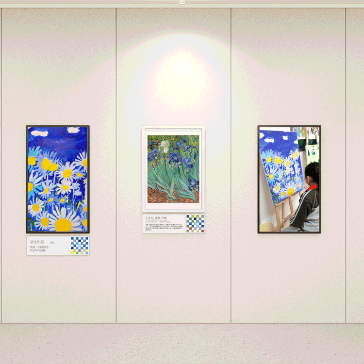 校园走廊墙面挂梵高名画展框的艺术长廊效果图，校园文化环境建设设计