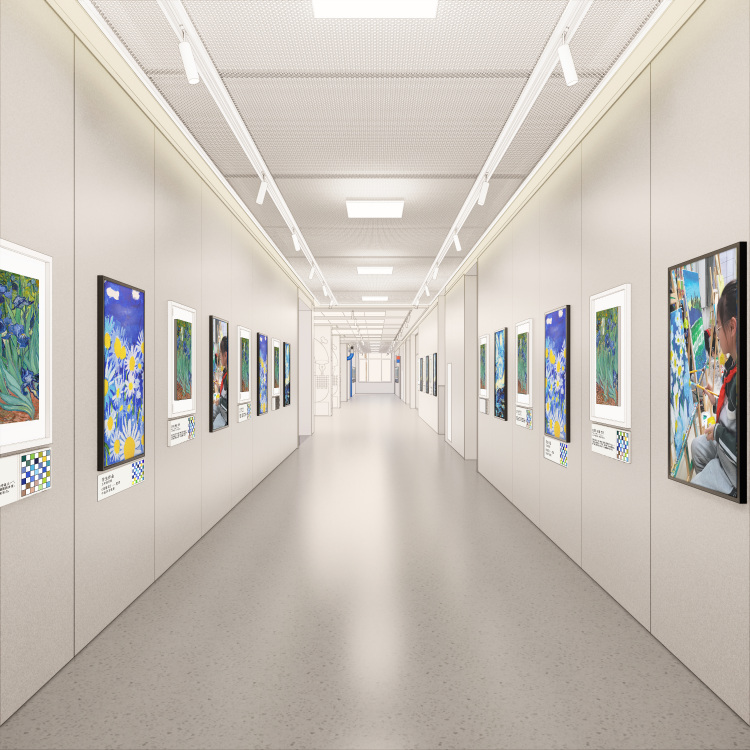 校园艺术长廊效果图，明亮白色走廊两侧悬挂画作展框，校园文化环境建设