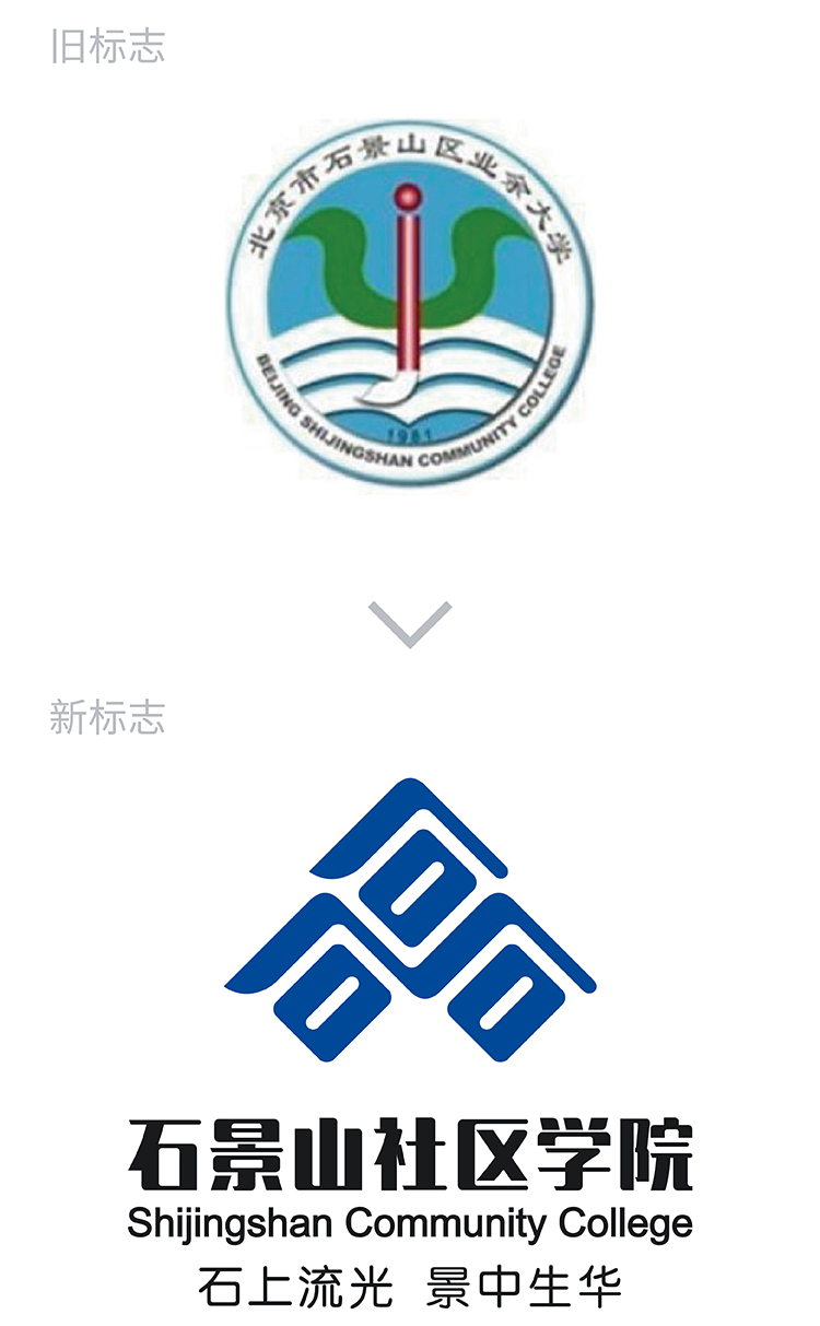 石景山社区学院院徽升级前后对比，旧绿徽更新为蓝色山石标识，教育品牌logo设计
