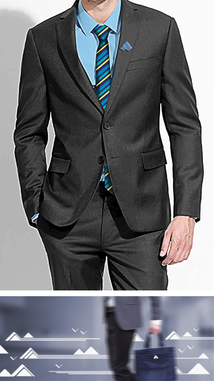 石景山社区学院品牌服装竖排，胸针logo黑色西装与蓝色山形图，教育品牌VI设计