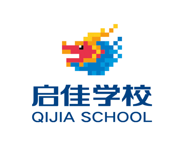 上海师范大学附属郑州启佳学校彩色像素校徽，启佳学校QIJIASCHOOL标识，入学通知书设计