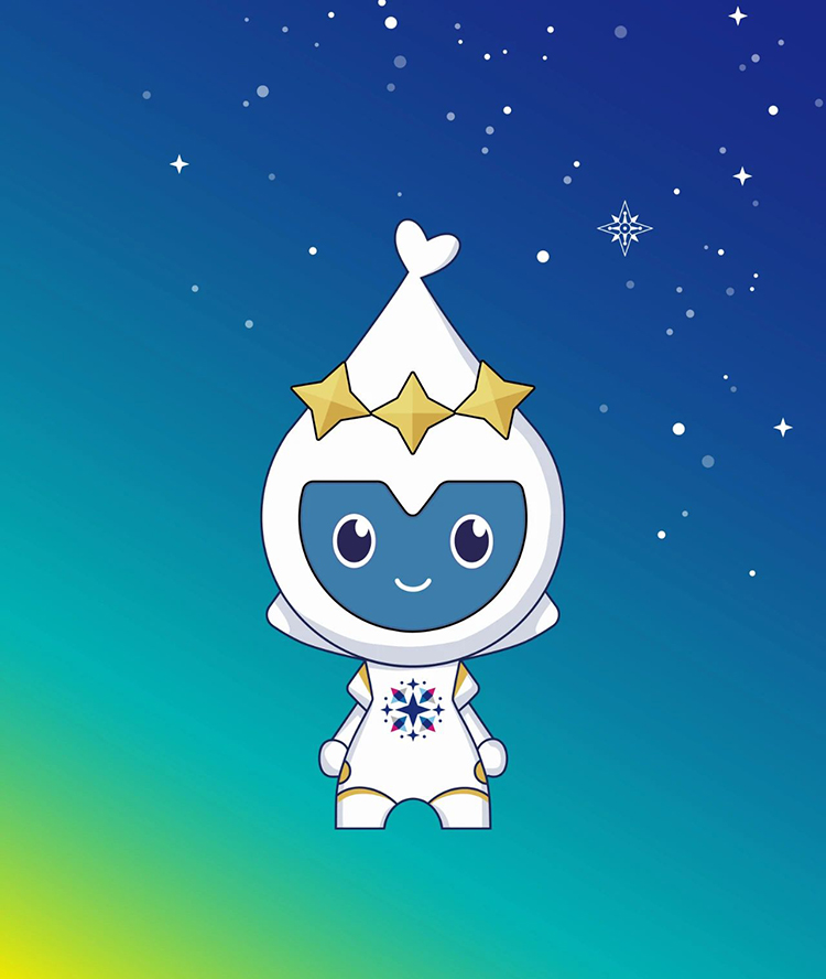 灯市口小学蓝色星精灵吉祥物形象，戴星形帽的可爱角色，满天星吉祥物设计
