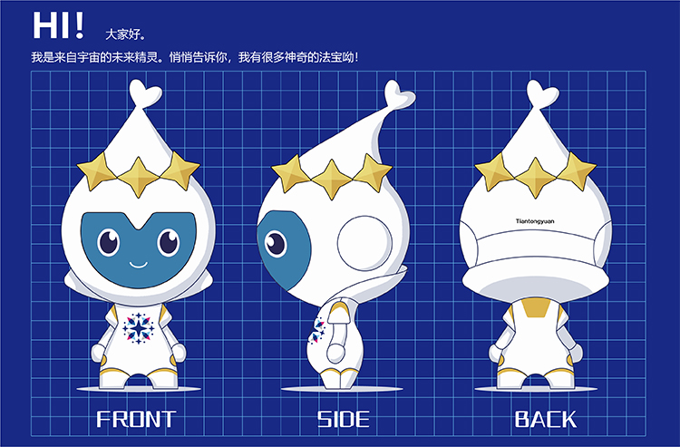 灯市口小学星精灵吉祥物正侧背三视图，蓝色网格展示造型，吉祥物IP设计