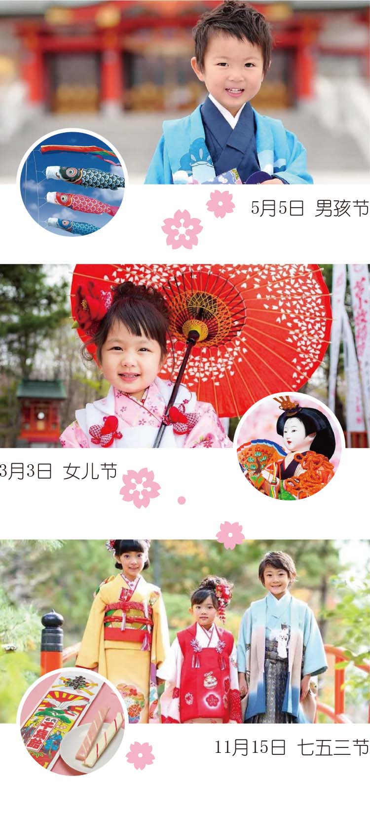 日本传统氛围儿童节庆祝照片竖排,孩子身着节日服饰,跨文化儿童节