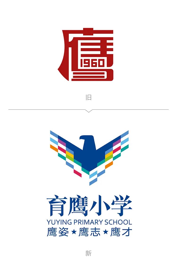 北京海淀育鹰小学校徽，红色印章鹰与蓝色雄鹰造型，校徽设计
