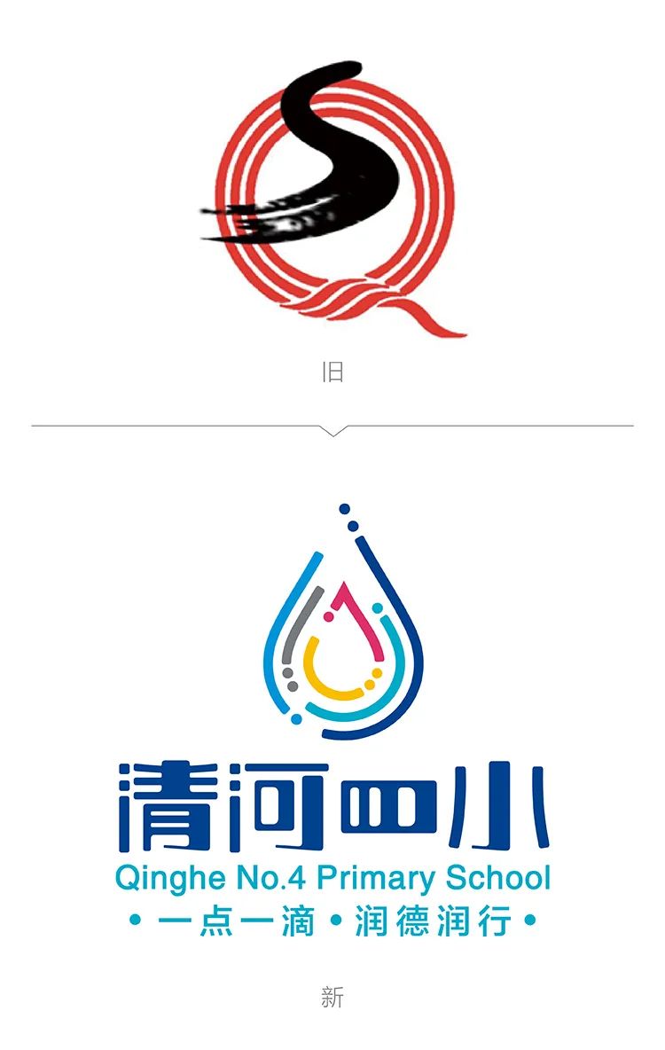 北京海淀清河第四小学校徽，红色鱼与水滴造型，水滴文化校徽设计
