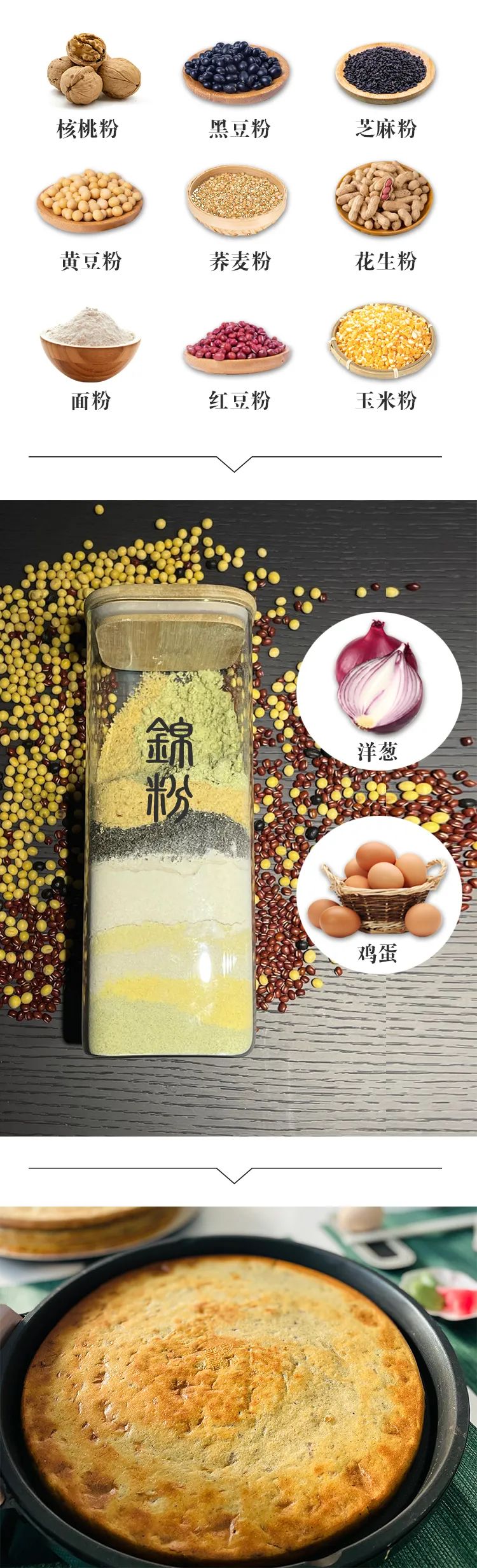 锦连环健康早餐五谷杂粮粉介绍长图，含多种杂粮粉杂粮罐与杂粮饼