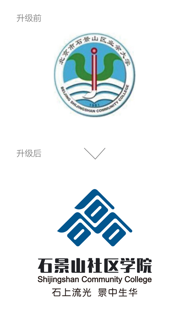 石景山社区学院校标升级前后对比，旧版圆形徽标更新为山峦造型新标识