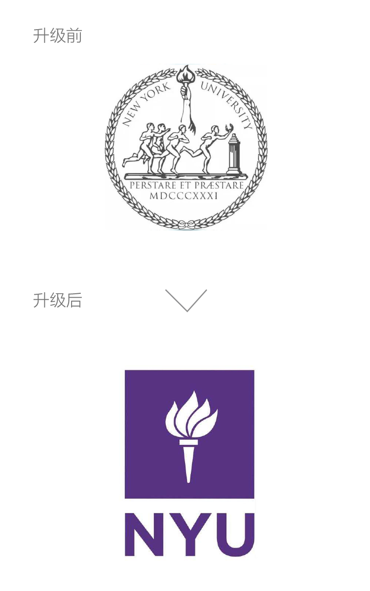 纽约大学NYU校标升级前后对比，繁复圆徽精简为紫色火炬图文标志