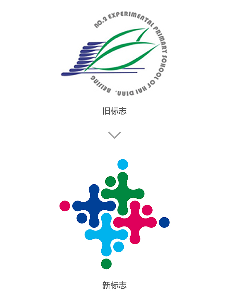 海淀实验二小校标升级对比,绿色叶形旧标更新为彩色“+”组合新标