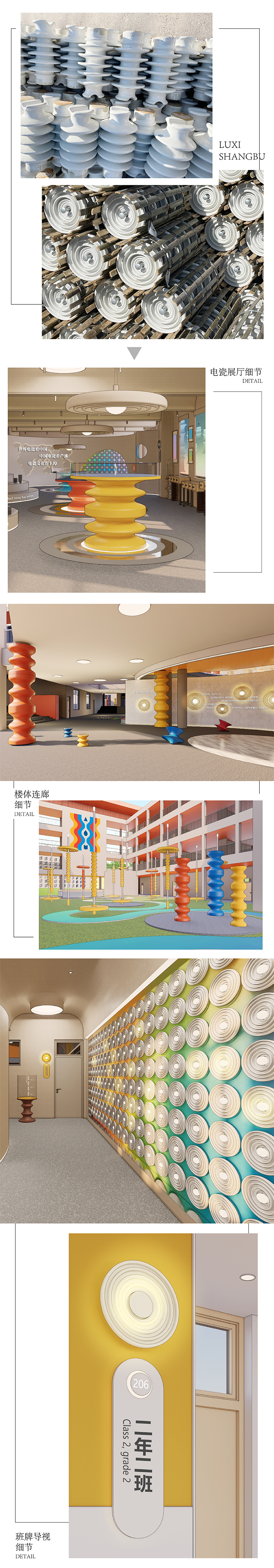 上埠镇中心学校电瓷文化设计组图，电瓷绝缘子产品特写与电瓷主题展厅、楼体连廊造型，文化环境建设