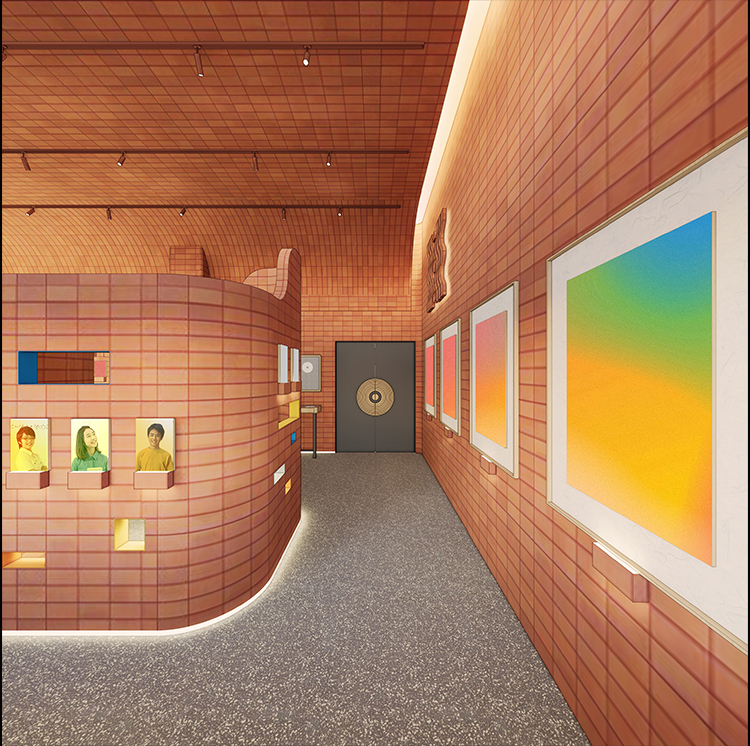 上埠镇中心学校红砖文化走廊效果图，墙面悬挂彩色画作展示，校园环境建设