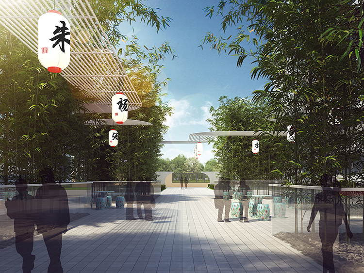 郑州龙飞中学校园朱字灯笼廊架景观设计，竹林步道校园环境建设场景