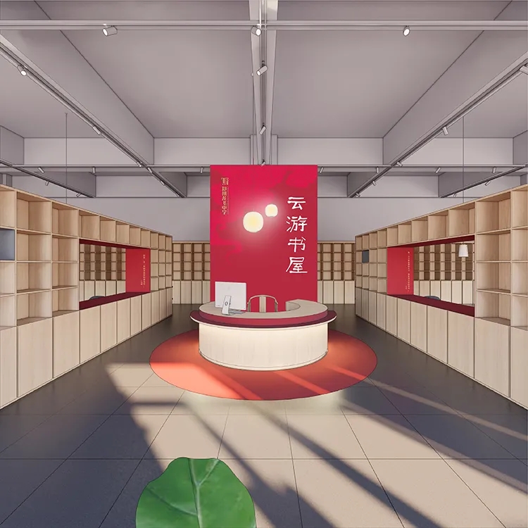 郑州龙飞中学阅读空间设计效果图，红色背景墙书架与弧形坐台文化环境建设