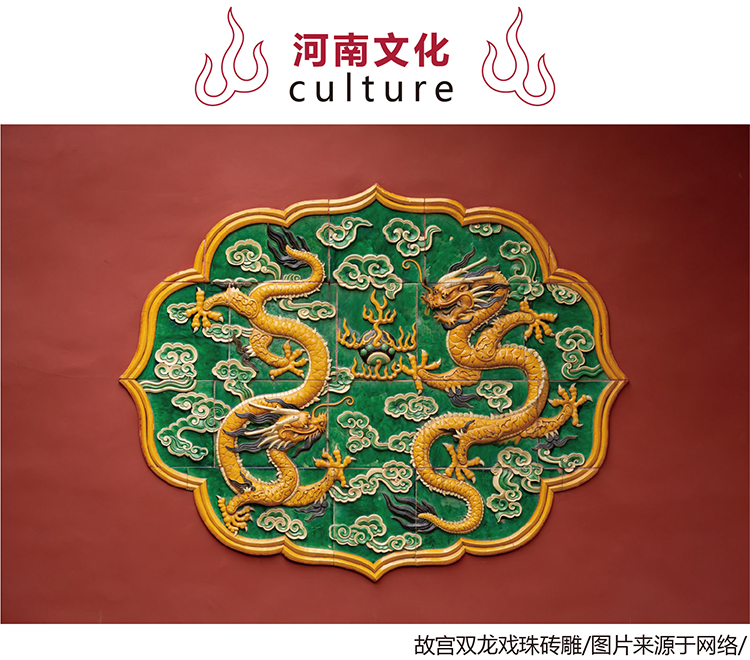 河南文化主题版式，故宫双龙戏珠纹饰特写，郑州龙飞中学龙文化设计素材