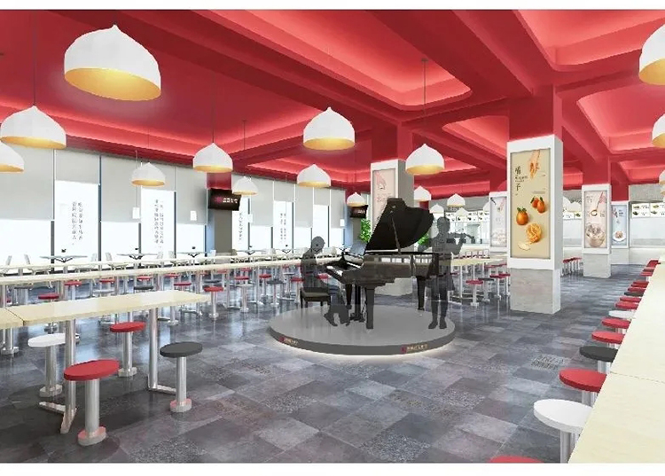 郑州龙飞中学餐厅设计效果图，红色顶面吊灯与就餐区文化环境建设