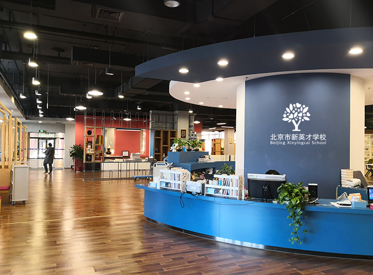 新英才学校大厅蓝色弧形前台与大树logo实景，锦连环校园环境建设