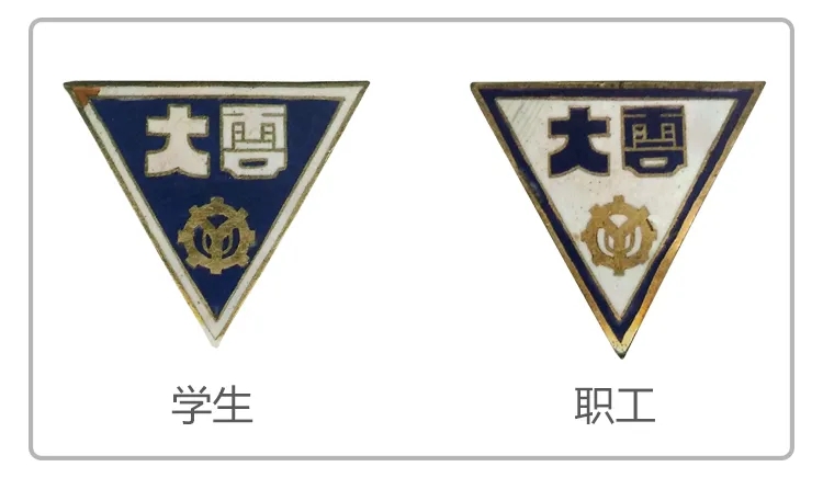 大峪学校学生与职工两款三角形徽章对比，锦连环校徽设计