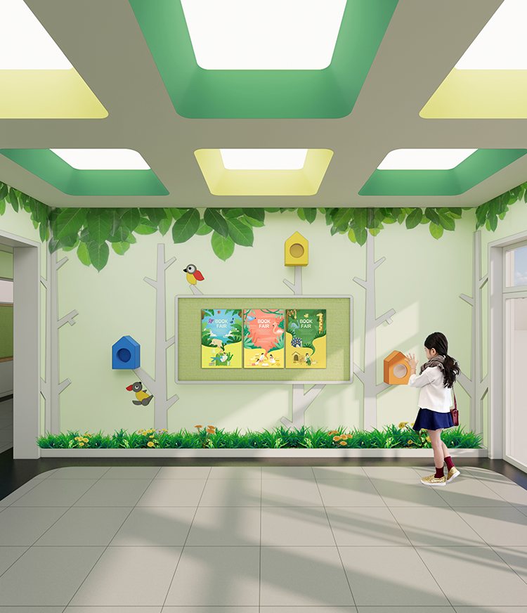 定慧里小学绿植墙室内活动空间与孩子效果图，锦连环校园环境建设