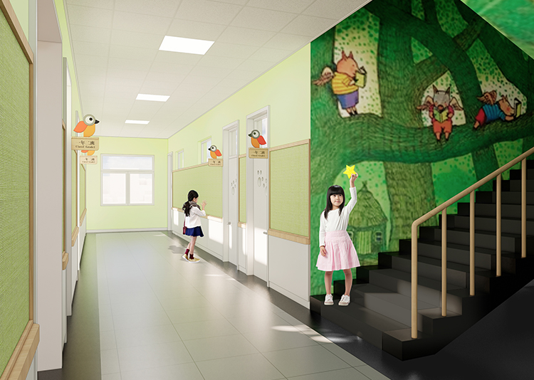 定慧里小学走廊绿色文化墙与楼梯效果图，锦连环校园文化环境建设