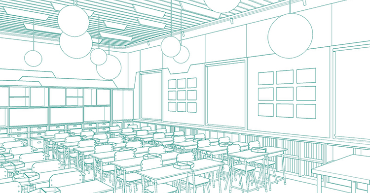 定慧里小学餐厅手绘线框效果图，锦连环校园空间环境设计
