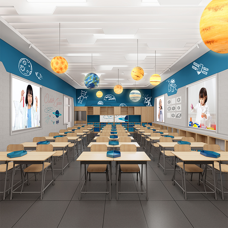 定慧里小学蓝色吊顶餐厅彩色效果图，锦连环校园环境建设