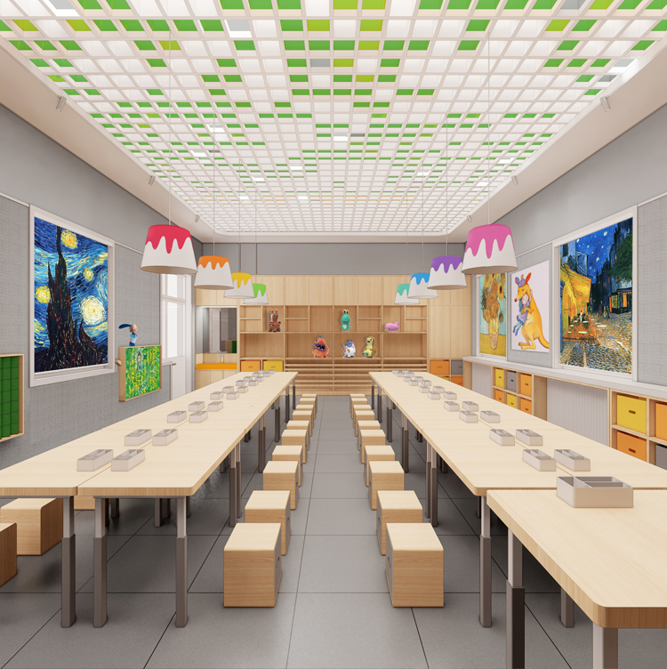 定慧里小学绿色格栅吊顶餐厅彩色效果图，锦连环校园环境建设