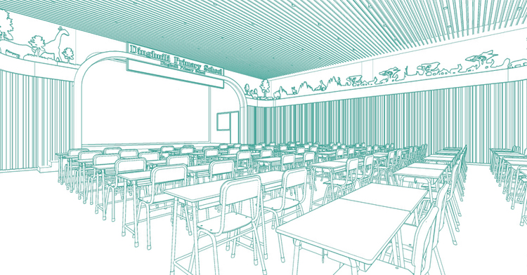 定慧里小学餐厅手绘线框效果图，锦连环校园空间环境设计