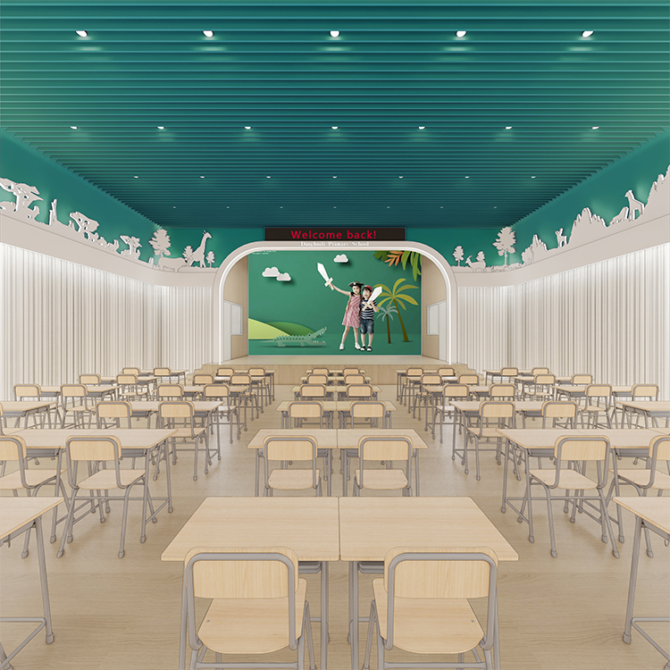 定慧里小学蓝绿吊顶报告厅彩色效果图，锦连环校园环境建设