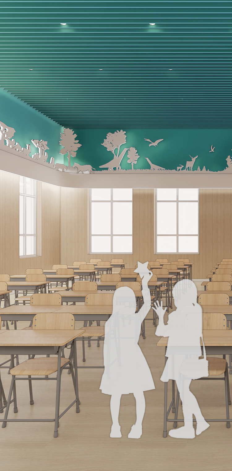 定慧里小学餐厅彩色效果图与学生场景，锦连环校园环境建设