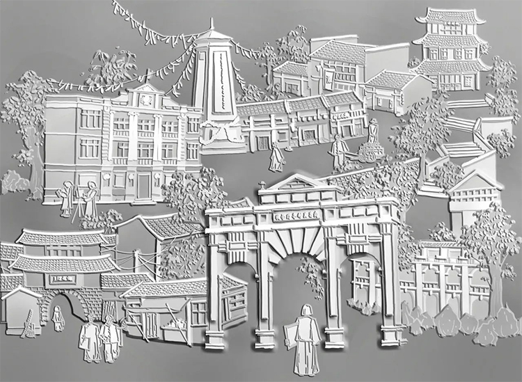 黑白线描古建筑长卷插画作品，云端毕业展设计鉴赏