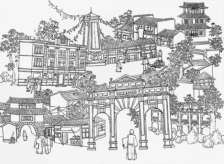 黑白线描古镇街景插画作品，云端毕业展设计鉴赏