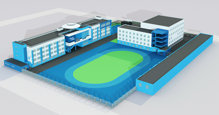 北航实验学校小学部蓝色建筑与操场鸟瞰效果图，锦连环校园环境建设