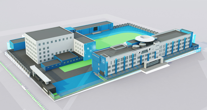 北航实验学校小学部蓝顶建筑鸟瞰效果图，锦连环校园环境整体规划