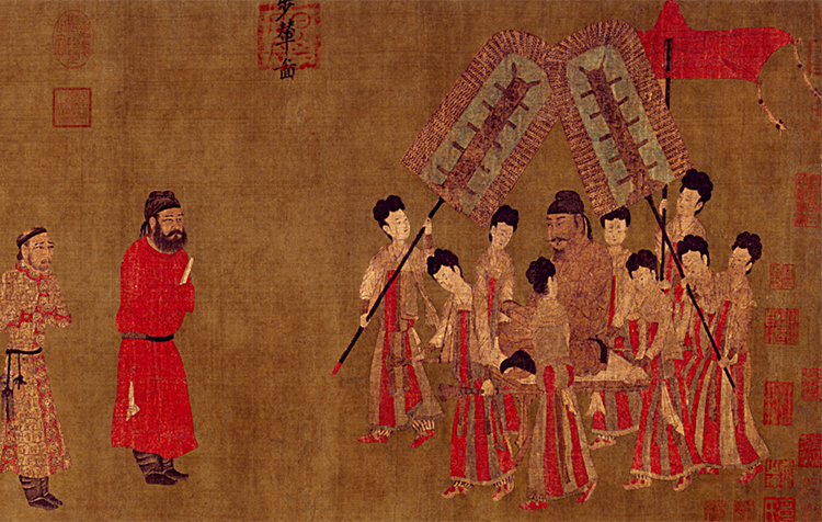 中国古代帝王出行仪仗障扇场景古画，红衣随从持障扇，折扇文化溯源配图