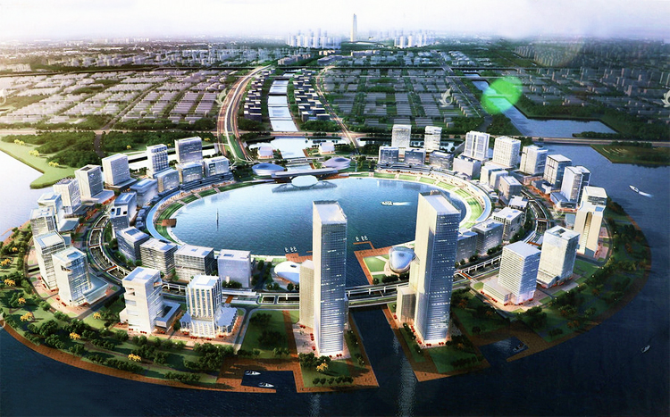 河南郑州北龙湖城市新兴区域整体鸟瞰效果图,现代建筑群环绕,启佳学校择址于此