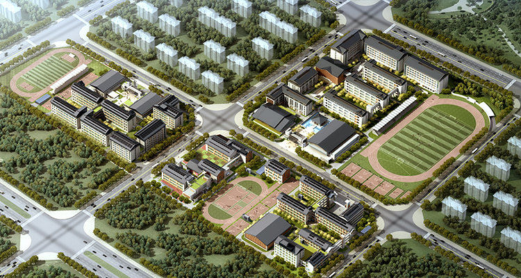 上师大附属郑州启佳学校校园建筑鸟瞰效果图,现代化教学楼群与绿化景观布局规划