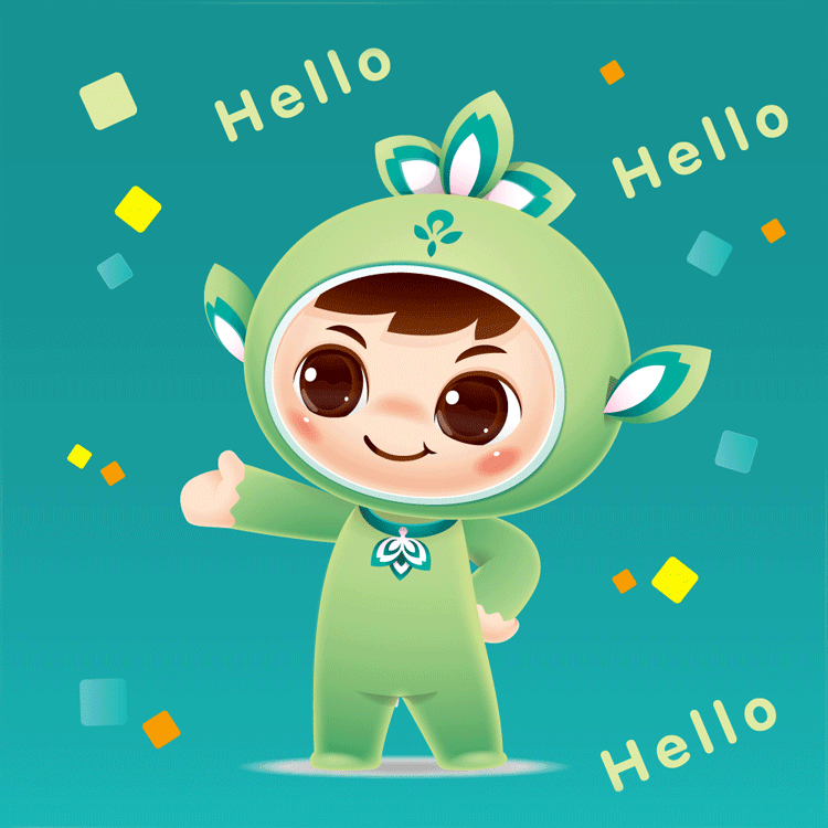 北医附小绿色吉祥物贝贝挥手打招呼Hello造型，展现活泼亲和的校园IP形象设计