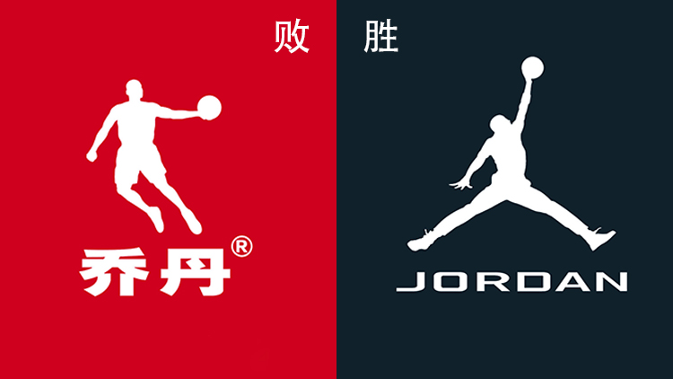 中国乔丹与迈克尔乔丹商标标志对比图，红色乔丹体育logo与黑色Jordan剪影，示意商标侵权诉讼