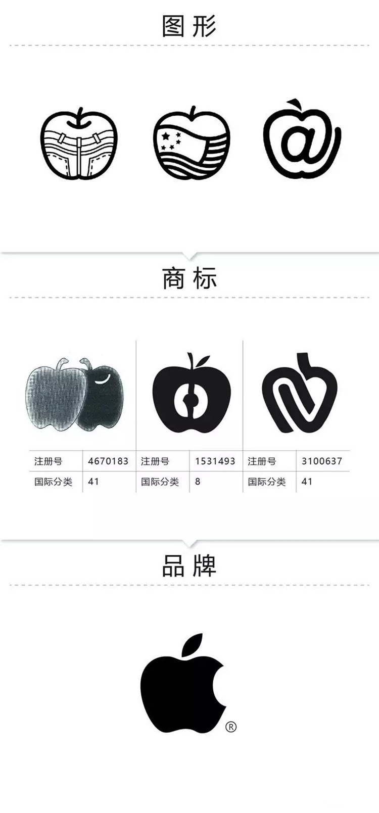 图形到商标再到品牌的演进示意图，以苹果图形与商标注册号举例，最终成为Apple品牌标志