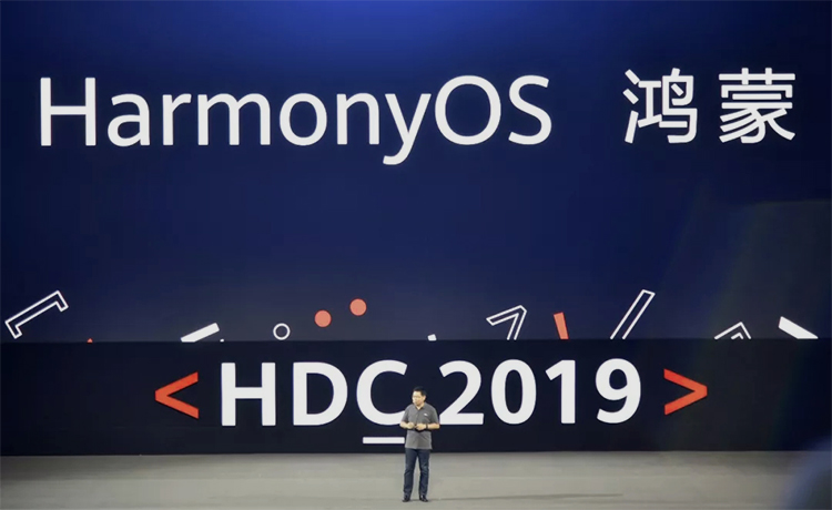 华为HarmonyOS鸿蒙HDC2019开发者大会主视觉画面，示意企业商标与品牌战略布局