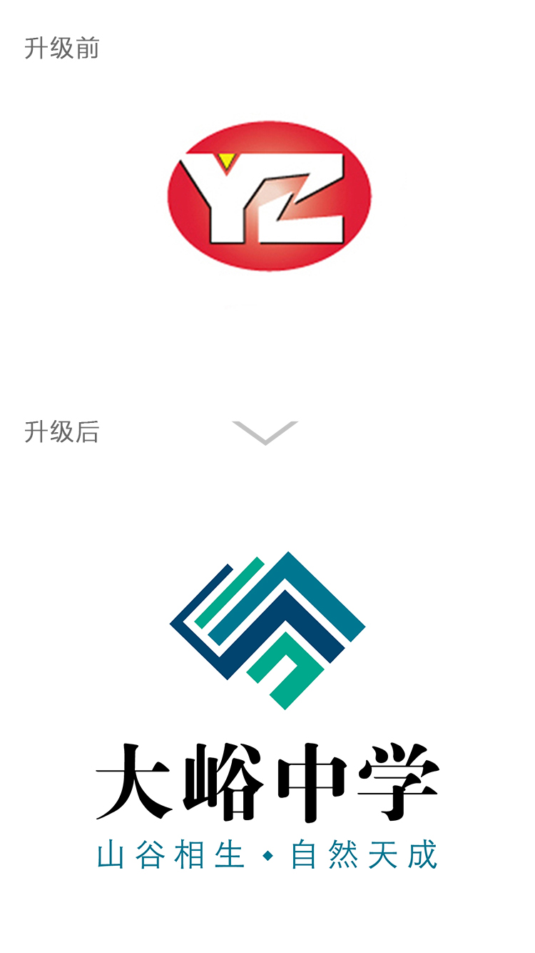北京市大峪中学校徽升级前后对比，新版大峪中学山谷相生自然天成蓝色标志设计