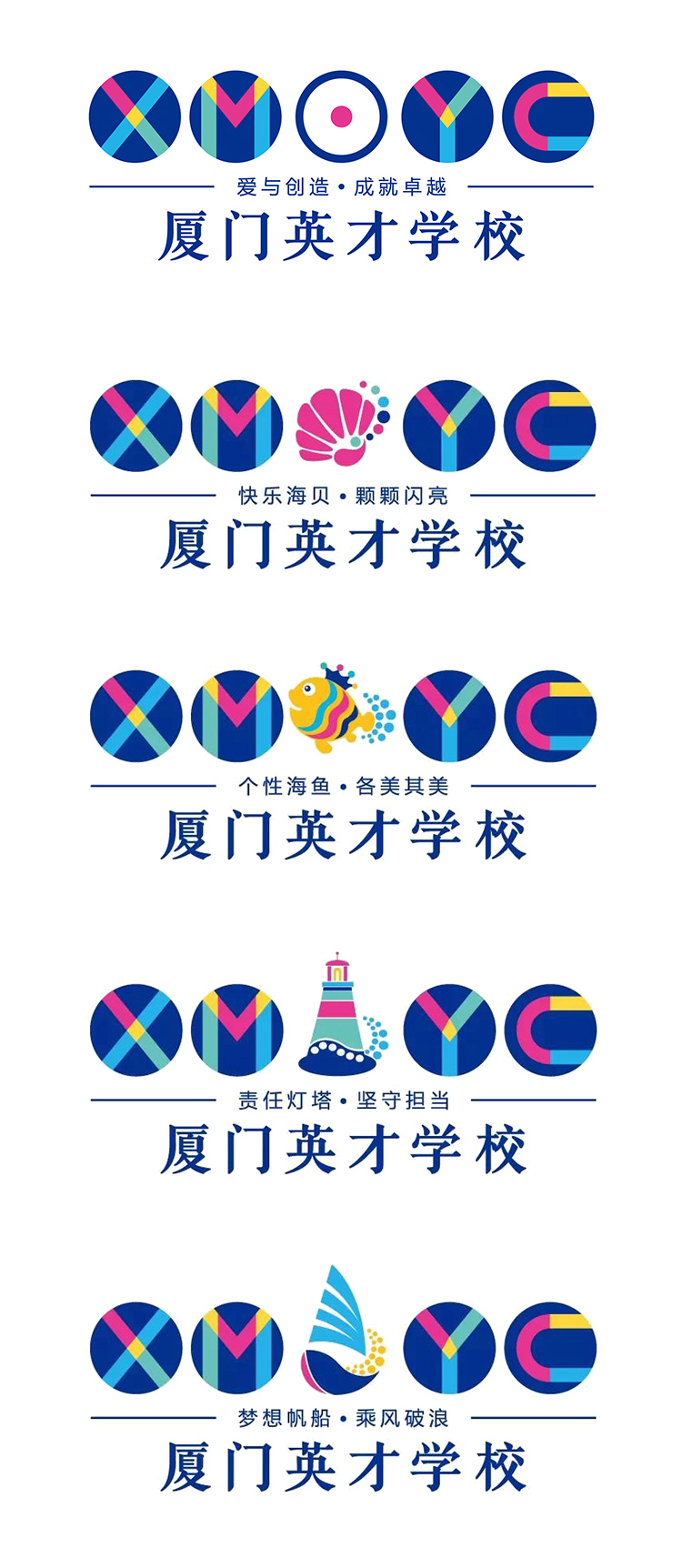 厦门英才学校校徽标志系统延展，五款不同主题的XMYC彩色标志组合应用设计