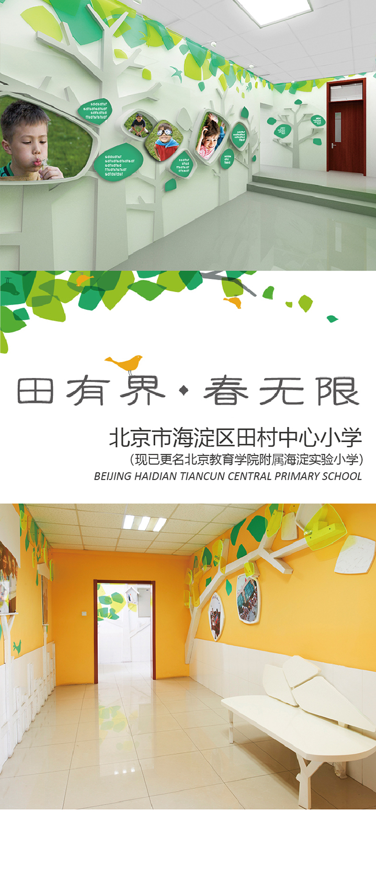 北京市海淀区田村中心小学'田有界 春无限'主题走廊，绿树飞鸟墙面装饰校园文化设计