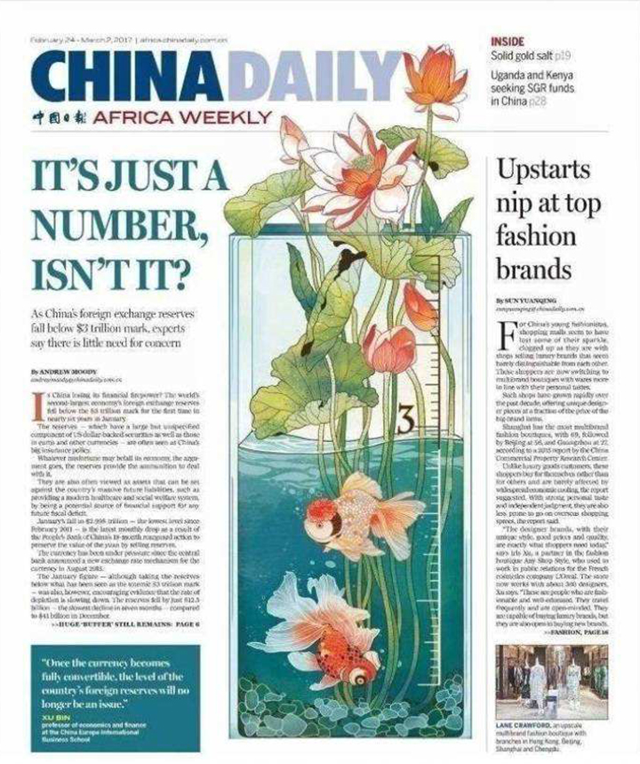 CHINA DAILY非洲版报纸设计，荷花金鱼插画搭配英文标题的获奖版面