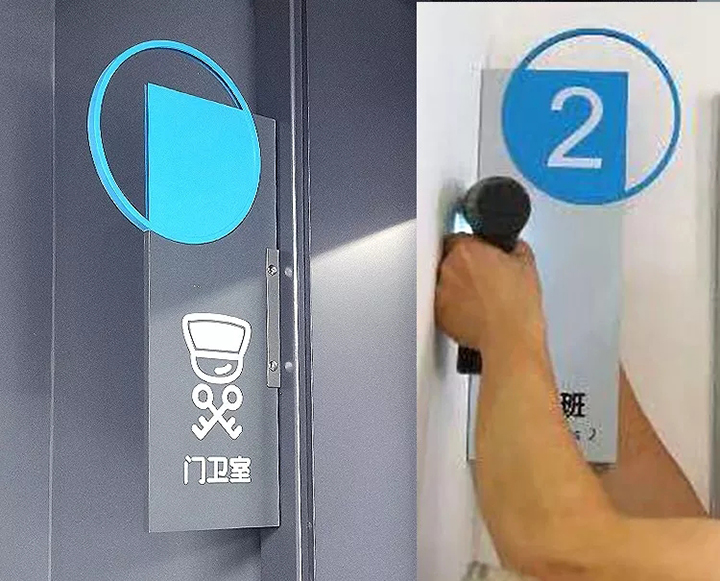 校园门牌与楼层导视设计,圆形数字标识应用于电梯门口的导视系统细节